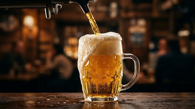 Fresh draft beer pouring into a glass mug with overflowing foam