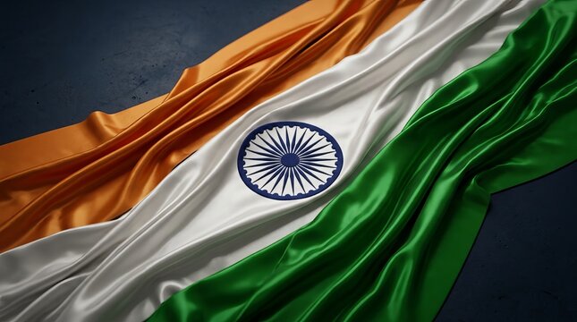 Waving indian national flag with saffron, white, green stripes and blue Ashoka chakra, fabric texture, draped on a dark background.