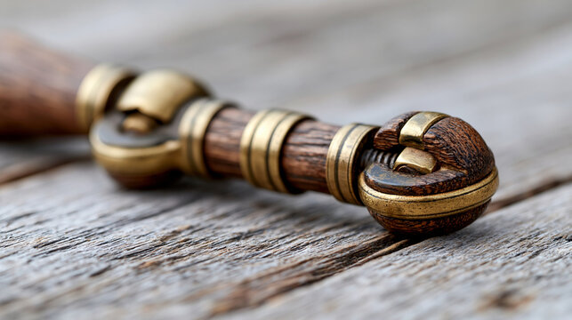 Isolated antique monkey wrench in wood and brass finish for old world charm appeal representing vintage plumbing tools, heritage tools concept, product photography, blurred