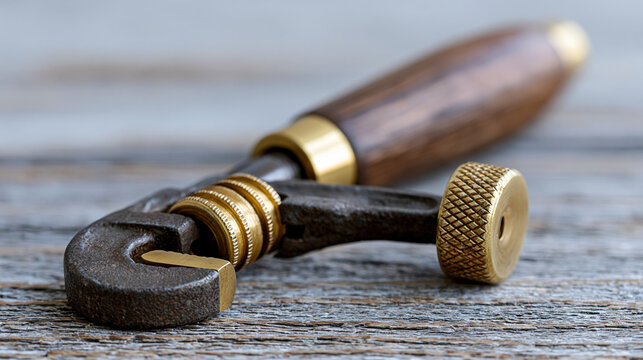 Isolated antique monkey wrench in wood and brass finish for old world charm appeal representing vintage plumbing tools, heritage tools concept, product photography, blurred