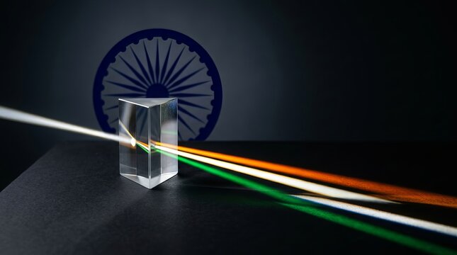 Light dispersion through prism creates indian flag colors of saffron green white on dark background with ashoka chakra wheel.