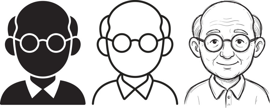 Set of three icons of an elderly man with glasses in solid black silhouette outline sketch style, grandfather