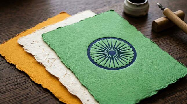 Ashoka Chakra embossed on textured green handmade paper layered vibrant yellow white sheets wooden table calligraphy pen ink pot background.