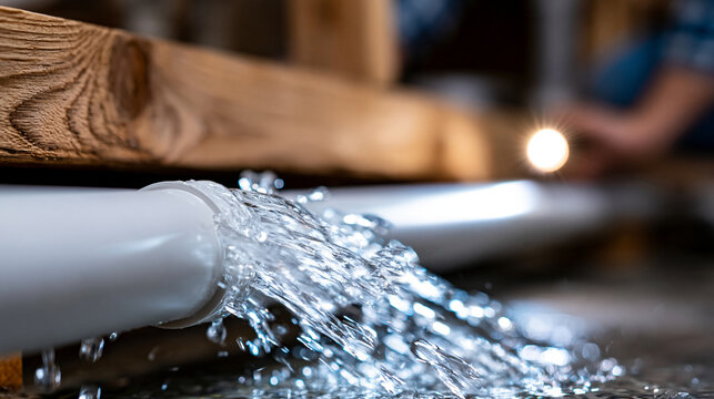 Broken PVC pipe spraying water under kitchen sink inside wooden cabinet illuminated by flashlight representing plumbing water leak repair concept, emergency plumbing photography,
