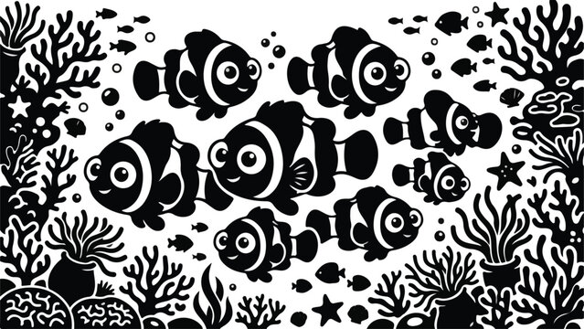 School of clownfish swimming through detailed ocean coral reef landscape