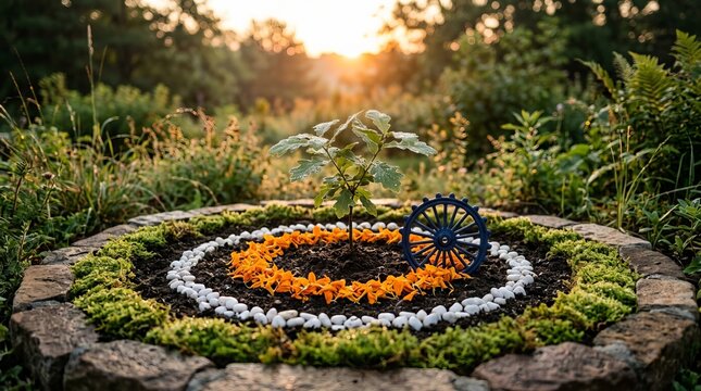 Young oak tree growing in middle of stone bordered garden circle featuring orange flower petals white pebbles and blue wheel symbol during golden sunset in rural landscape.