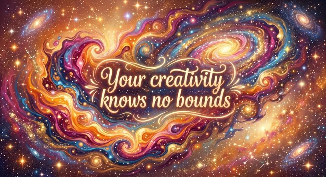 Vibrant, colorful galaxy nebula with swirling cosmic clouds and stars, featuring inspirational text "Your creativity knows no bounds" in elegant scrip