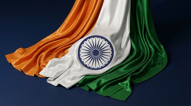 Abstract rendering of indian flag featuring flowing silk fabric waves in saffron white and green colors representing national identity and patriotic pride in sophisticated high art style.