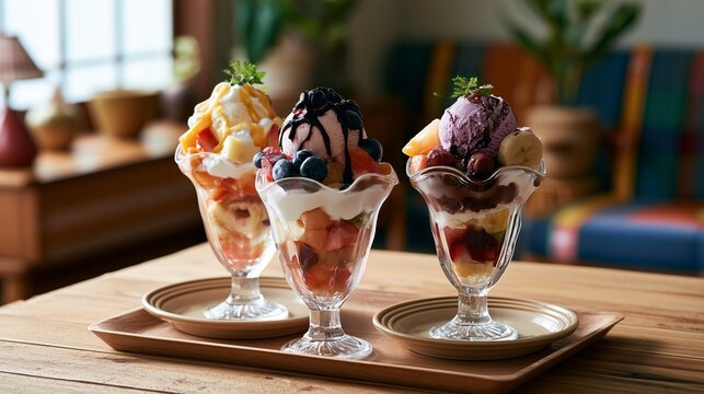 Three dessert cups filled with ice cream and fruits on a wooden table in a cozy room