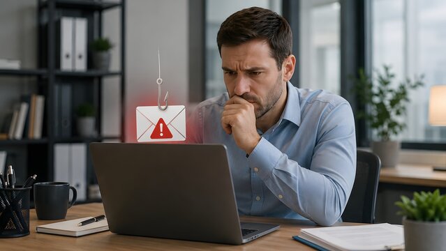 A man with a concerned expression looks at his laptop screen, where an email icon with a warning sign is being pulled by a fishing hook, symbolizing a phishing attack