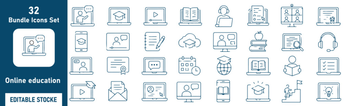 Online Education Vector Outline Icons Set &ndash; E-Learning, Virtual Classroom, Distance Learning and Digital Education Line Symbols Collection