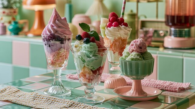 Delicious desserts served in colorful cups at a cafe in the afternoon sun