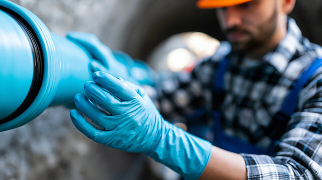 Faceless worker in blue rubber gloves installing flexible pipe liner inside old brick sewer tunnel for sewer rehabilitation, infrastructure maintenance concept, plumbing