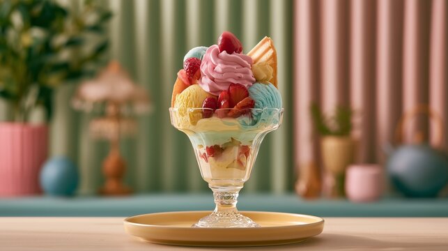 Colorful ice cream sundae with fruits on a table in a bright setting