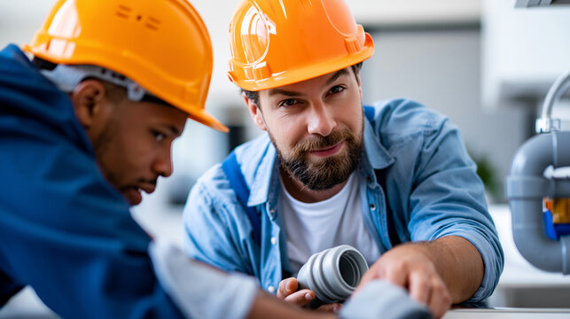Faceless apprentice plumber receiving on-site mentoring from experienced master plumber while installing under-sink trap assembly in newly renovated kitchen, skills training