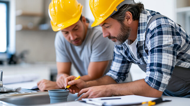 Faceless apprentice plumber receiving on-site mentoring from experienced master plumber while installing under-sink trap assembly in newly renovated kitchen, skills training