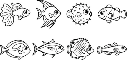 Outline vector tropical fish collection including clownfish and pufferfish © SHARMIN
