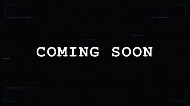 Digital High Tech Glitch Coming Soon Screen with Cyberpunk HUD and Data Interface Elements