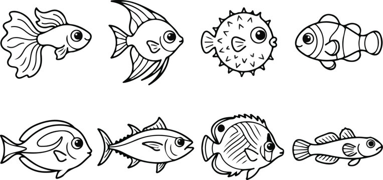 Outline vector tropical fish collection including clownfish and pufferfish