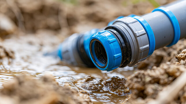 Underground water pipe with blue plastic compression fittings submerged in muddy flooded excavation pit representing water leak repair plumbing emergency and utility