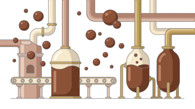 Flat vector illustration of a chocolate factory production line with pipes and containers.