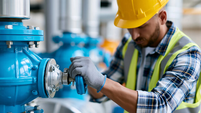 Faceless specialist plumbing and pressurisation engineer working on high-rise industrial water booster set as pump service engineer carrying out essential planned maintenance,