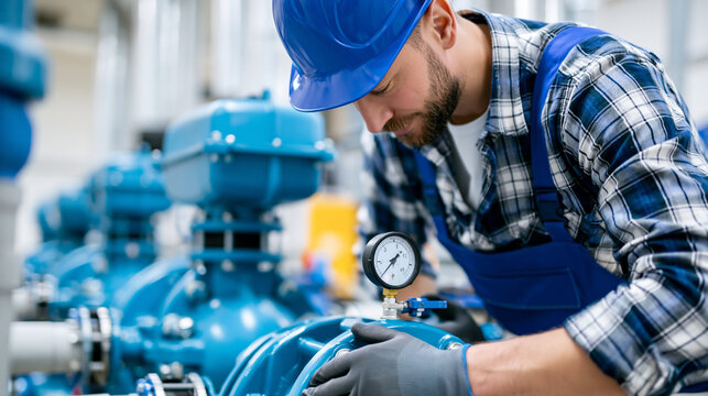 Faceless specialist plumbing and pressurisation engineer working on high-rise industrial water booster set as pump service engineer carrying out essential planned maintenance,