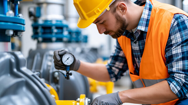 Faceless specialist plumbing and pressurisation engineer working on high-rise industrial water booster set as pump service engineer carrying out essential planned maintenance,