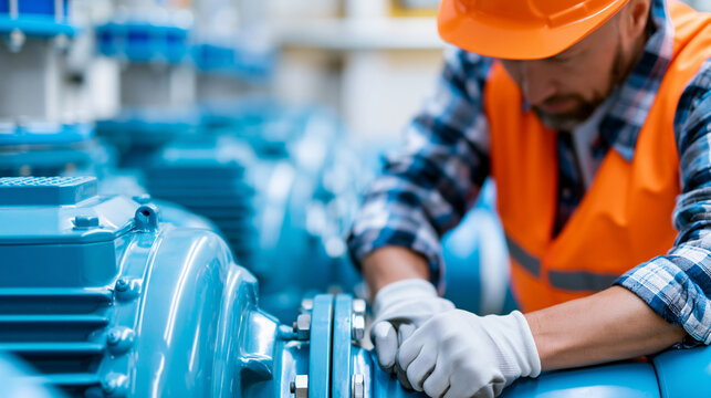 Faceless specialist plumbing and pressurisation engineer working on high-rise industrial water booster set as pump service engineer carrying out essential planned maintenance,