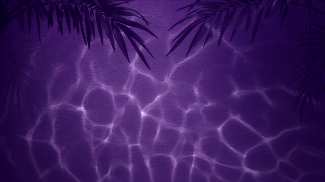 Botanical palm wall shadow overlay with leaf silhouette purple abstract background water ripple texture creating dreamy relaxing tropical light pattern and calm modern art design for creative project