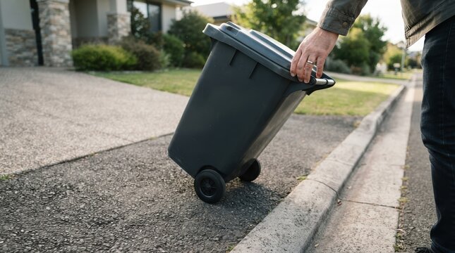 Adult man pulling a plastic wheelie bin to the curb for weekly residential waste collection service