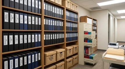 Obraz premium A photograph showcases a well-organized archive room filled with numerous file cabinets and storage boxes.