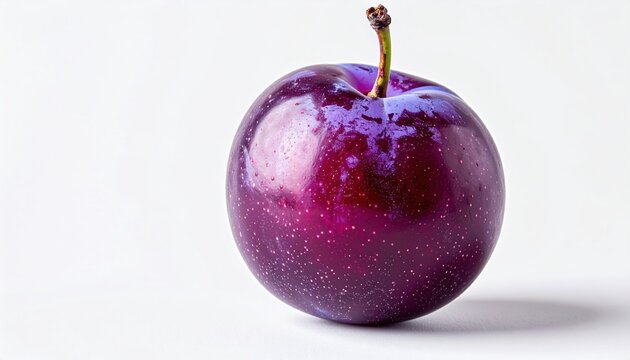 Plum isolated on white: A simple minimalist studio photograph of a single ripe purple plum isolated on a white background.
