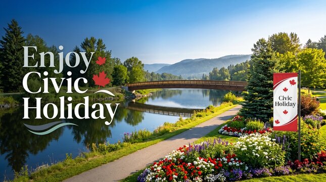 Civic holiday banner in park with bridge with red white banner standing flower bed near river bridge celebration