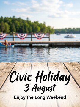 Wooden dock overlooking a sunny lake with festive decorations for a summer long weekend celebration in early august