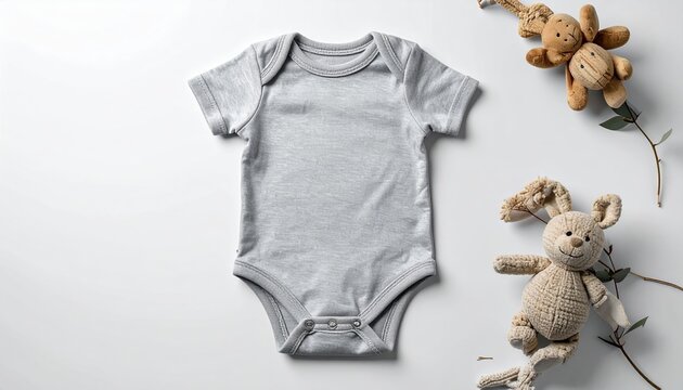 Grey baby romper mockup: A minimalist clothing template of a plain grey cotton baby romper flat on a solid white background.