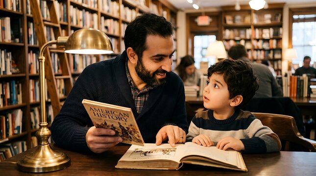 Smiling father and son reading history books in a cozy library