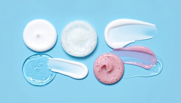Samples of cosmetic cream smears, shower gel and scrub for face and body on pastel blue background, beauty product photography.