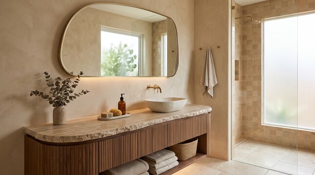 Elegant Modern Bathroom Interior Featuring Natural Stone Countertop and Organic Mirror Design
