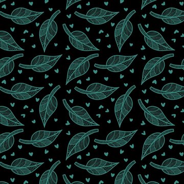 Seamless Pattern with Teal Zentangle Leaves and Tiny Hearts on Black, Hand Drawn Floral Pattern, Turquoise Doodle Leaves with Hearts, Monochrome Teal Leaf Pattern, Zentangle Art Style on Dark, Floral