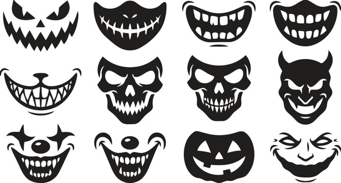 Set of twelve black halloween monster mouths and skull faces featuring sharp teeth sinister smiles clown grins and spooky jack o lantern.