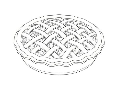 A detailed black and white line drawing depicts a pie with a lattice crust. The pie is round and has a decorative, woven pattern.
