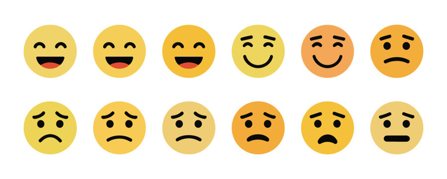 Graded yellow and orange smiley faces showing a spectrum of positive to negative emotions.