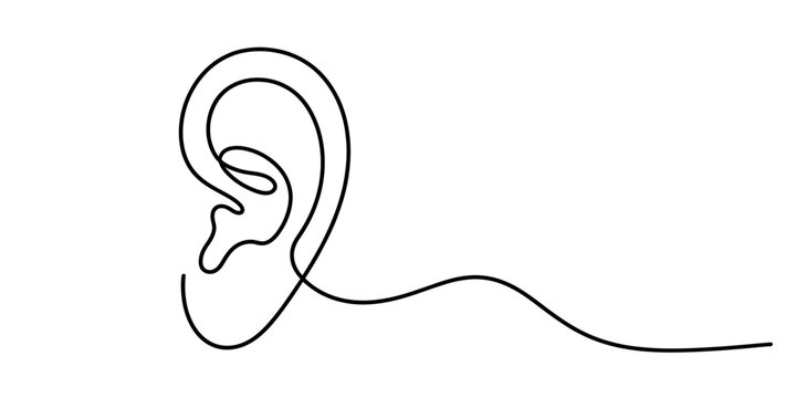 Continuous single line drawing of human ear anatomy concept isolated on white background for health and hearing care design Vector, illustration
