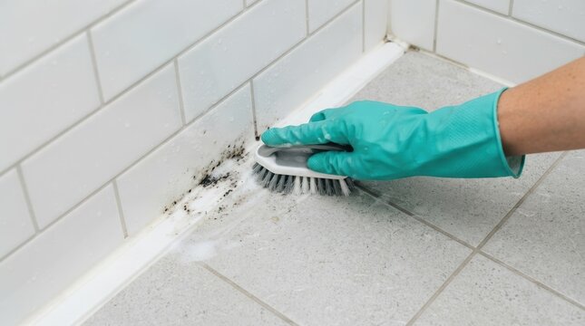 Person wearing rubber gloves scrubbing black mold from bathroom shower tile grout with a cleaning brush