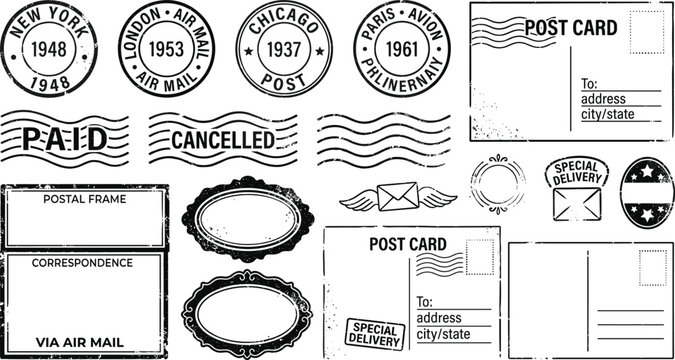 Vintage postcard vectors with retro postal stamps cancellations and ink postmarks elements collection