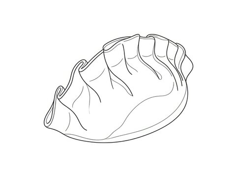 A detailed black and white line drawing depicts a single, folded dumpling. The dumpling&rsquo;s shape resembles a crescent moon, with visible pleats and folds along its edges.