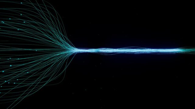 CGI of cyan-blue fiber optic cables twisting in the dark. Light trails represent data flow and connectivity. Ideal for technology, AI, and science. Rendered in Unreal Engine.