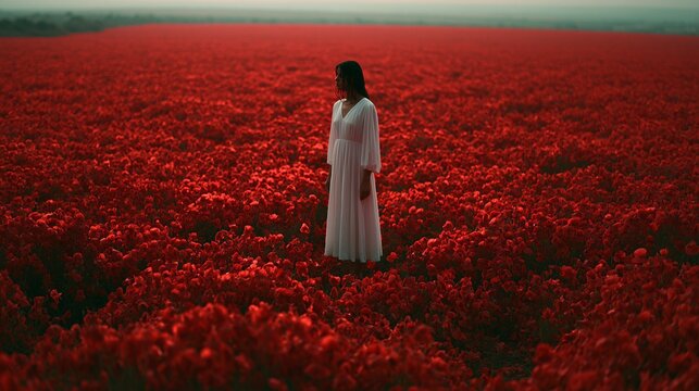 Woman walks through a field of red flowers at sunset in a rural area