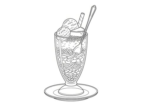 A glass filled with shaved ice, jelly cubes, and three scoops of ice cream. A wooden spoon rests in the ice cream.